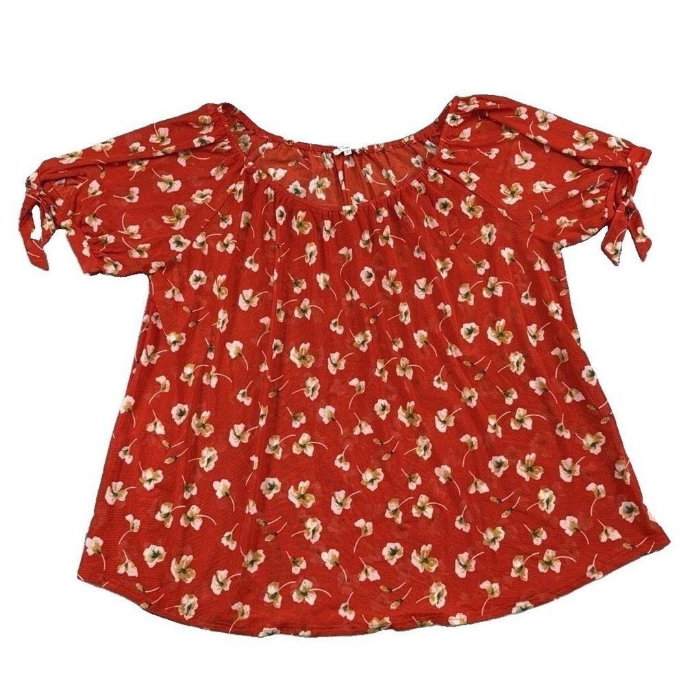 Siren Lily Plus Size Red Floral Mesh Tie Sleeve Blouse Sz 2x Flowy Boho Preppy